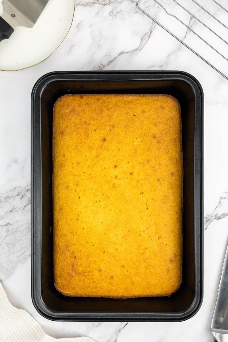 Cornbread made without buttermilk in a baking pan