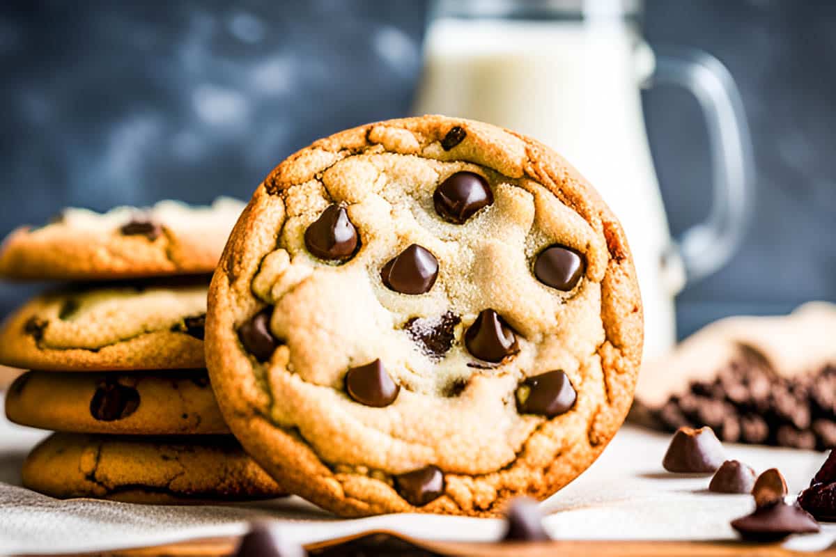 Weight gainer cookie stacked in front of milk