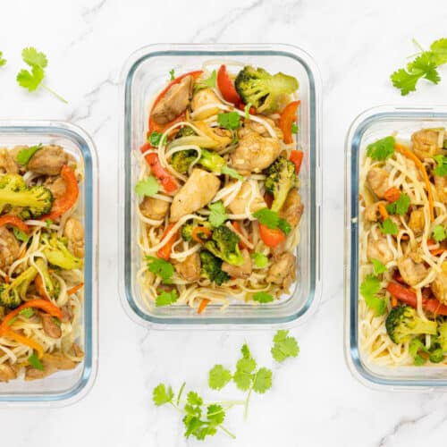 Chicken and noodle stir fry in meal prep containers