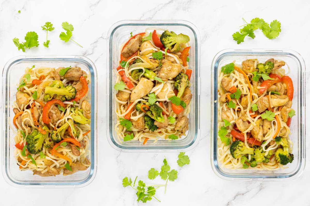 Chicken and noodle stir fry in meal prep containers