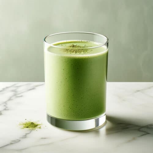 Matcha Protein Shake 3 Match protein shake in a glass on a marble counter.