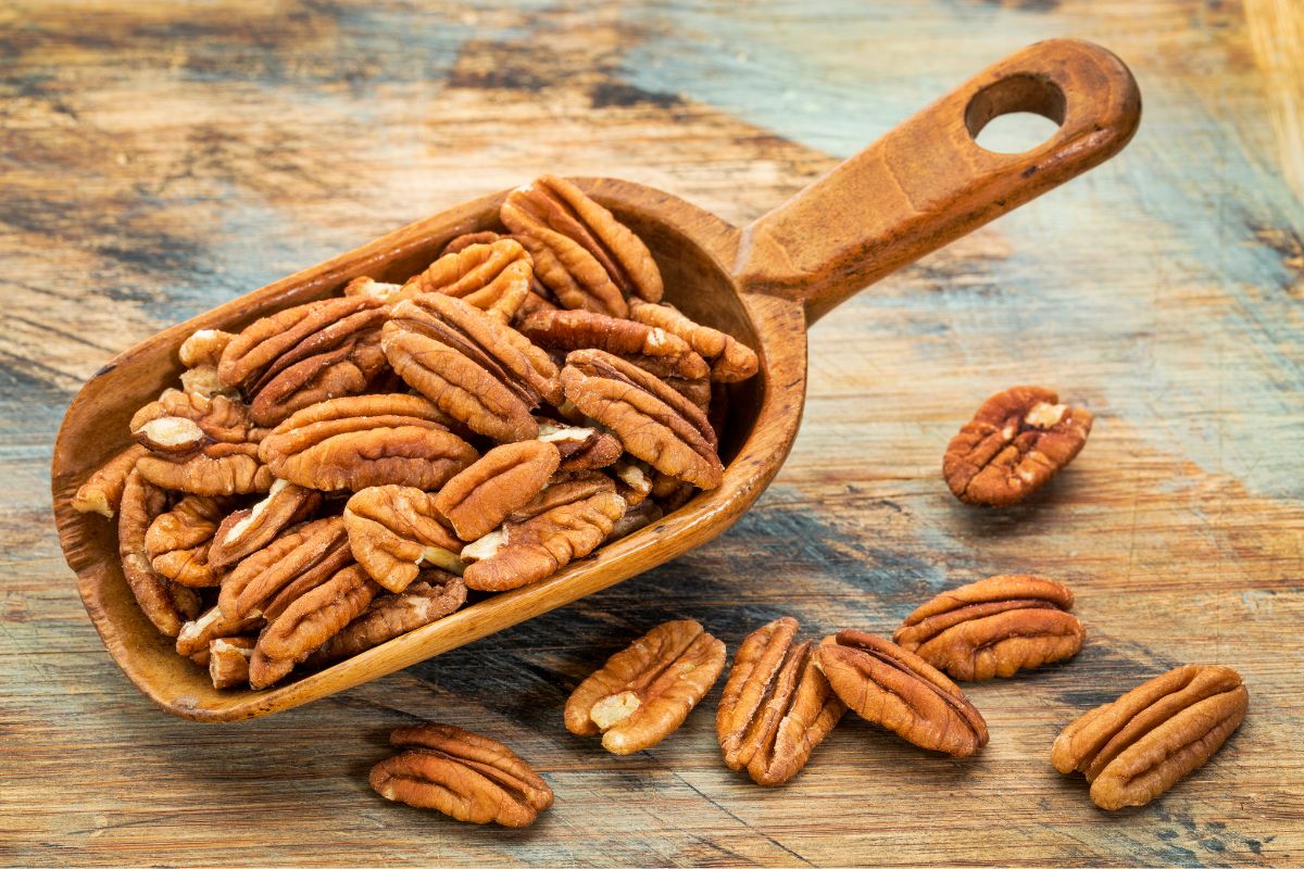 The Top 10 Highest Protein Nuts 10 Pecans in a serving spoon on a wooden table.