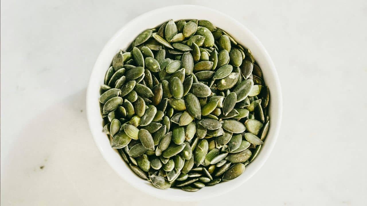 7 Surprising High-Protein Foods That Aren’t Meat 2 Pumpkin seeds in a bowl